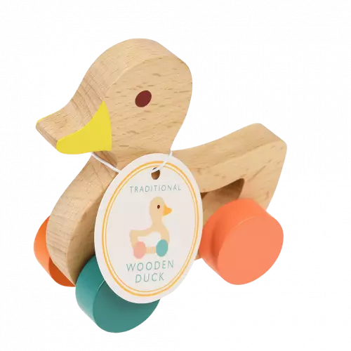 Whiteout Wooden Push Along Toy Duck with label. 