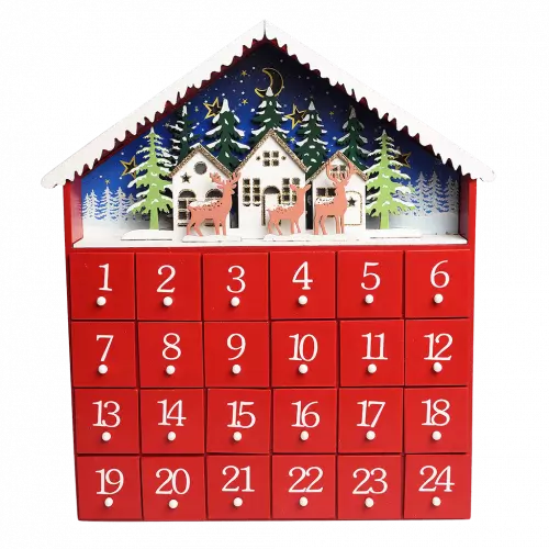 Wooden Advent Calendar With Led Lights - Red House