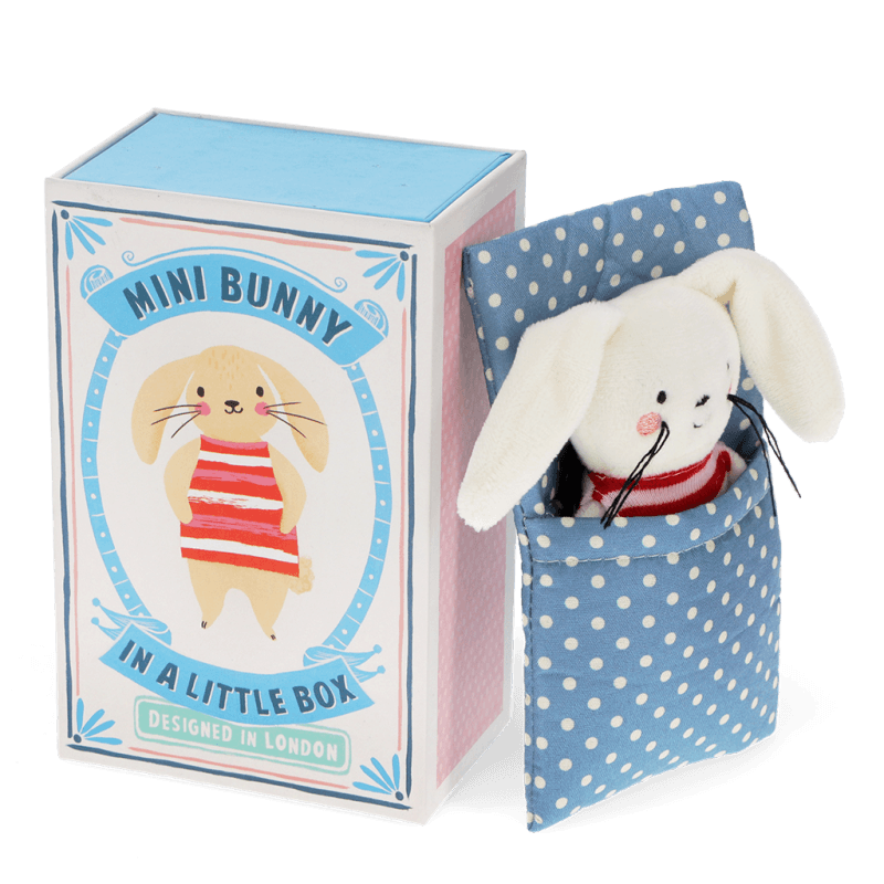 Whiteout matchbox with a cartoon bunny on the cover, alongside a mini bunny teddy in a sleeping bag 