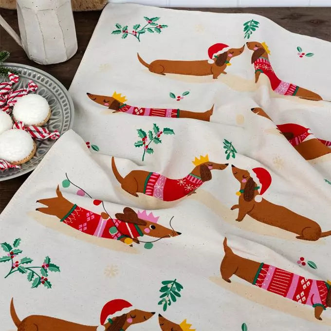 Festive Sausage Dog Tea Towel