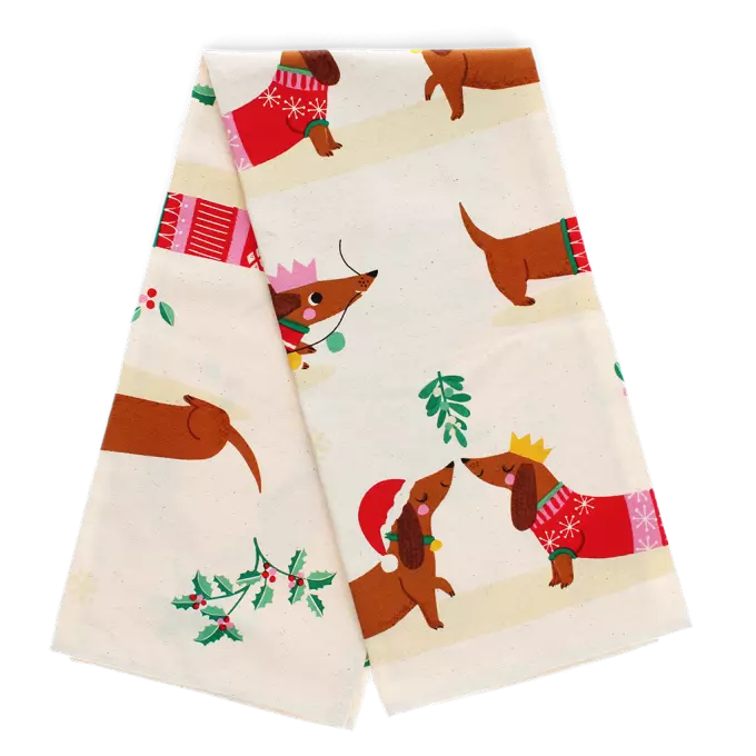 Festive Sausage Dog Tea Towel