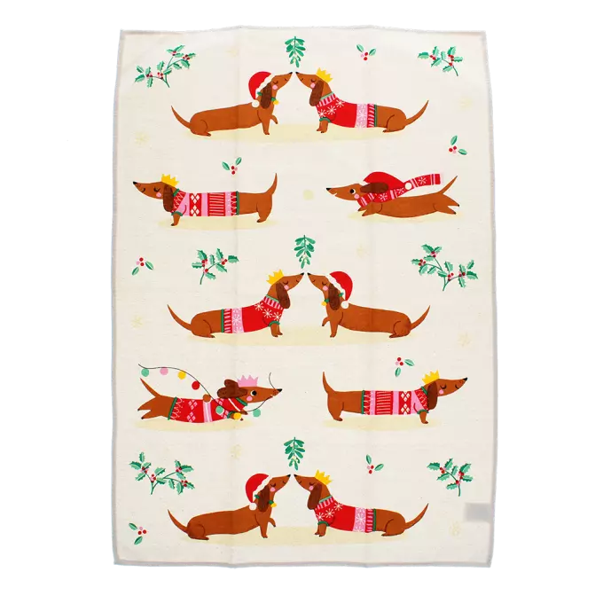 Festive Sausage Dog Tea Towel