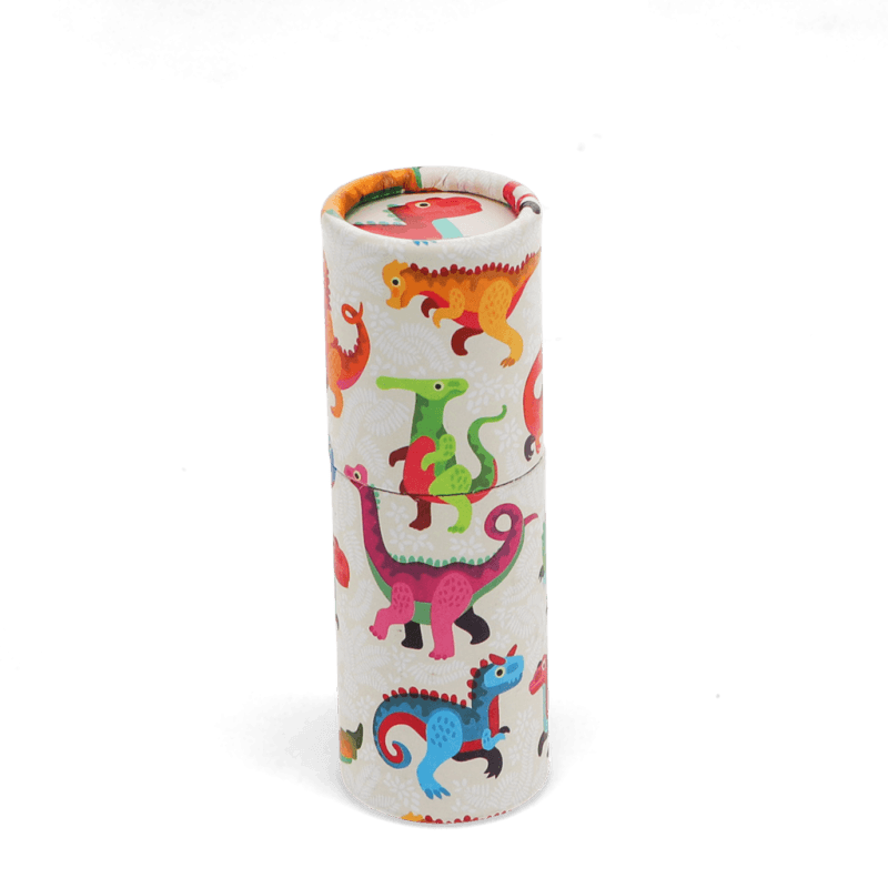 Wooden tube of colouring pencils with a colourful dinosaur print.