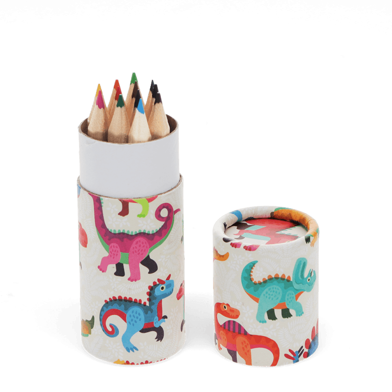 Open pack of colouring pencils in a wooden tube with a colourful dinosaur print.