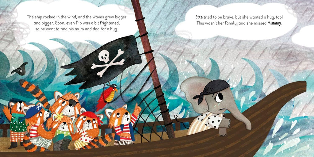 Page example of Mummy and Me book showing Etta on a pirate ship.