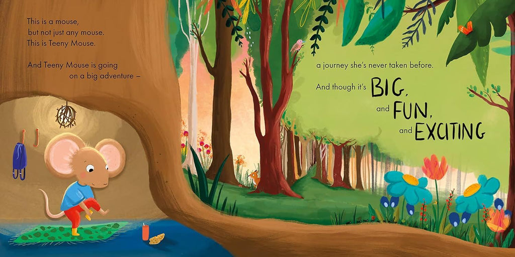 Illustration of a mouse character in a wooden house with a forest background and text about an adventure.