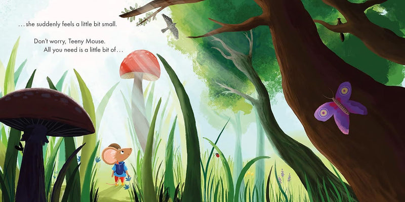 Illustration of a mouse character in a forest with mushrooms and a butterfly.