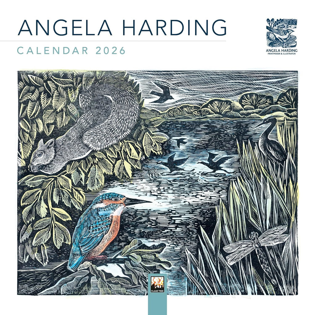 Angela Harding calendar cover with nature illustration featuring a kingfisher, squirrel, and birds.