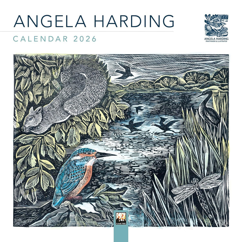 Angela Harding calendar cover with nature illustration featuring a kingfisher, squirrel, and birds.