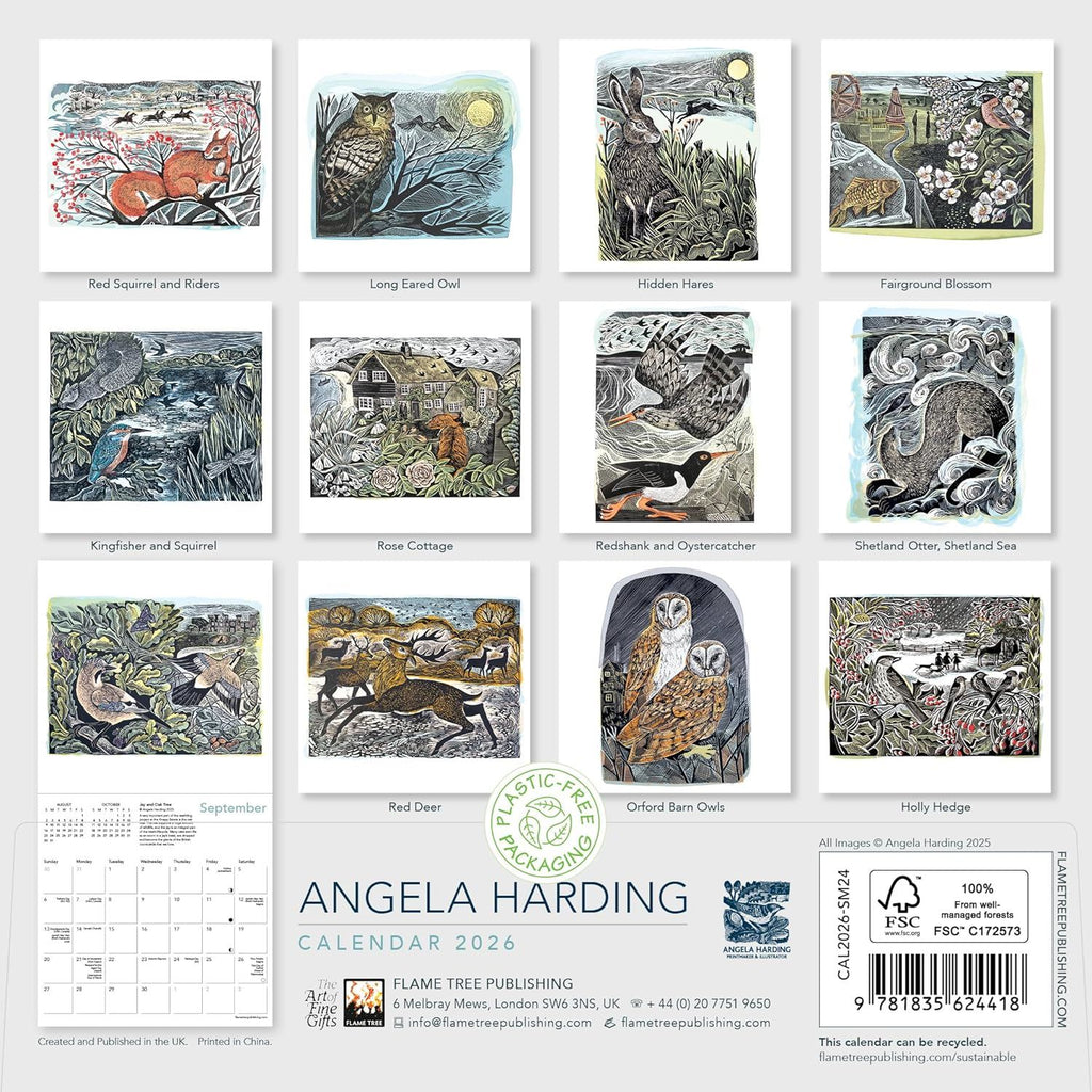 Angela Harding calendar with illustrations of animals and nature on a white background