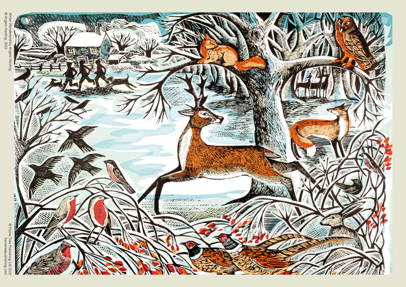 Illustration of a deer in a forest with birds and other animals, featuring a blue and white color scheme.