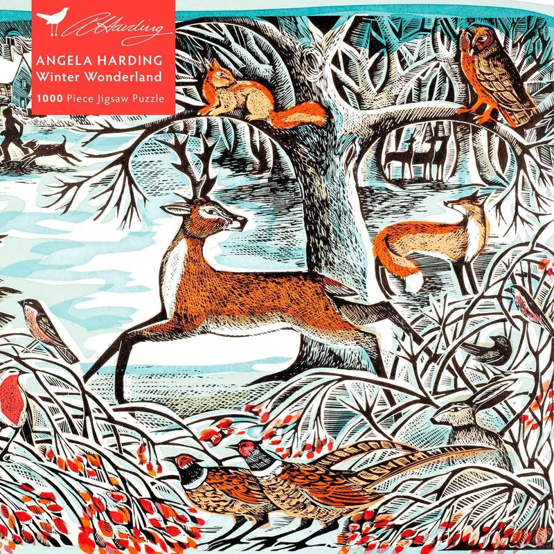 Jigsaw puzzle packaging with a winter scene featuring animals and Angela Harding branding.