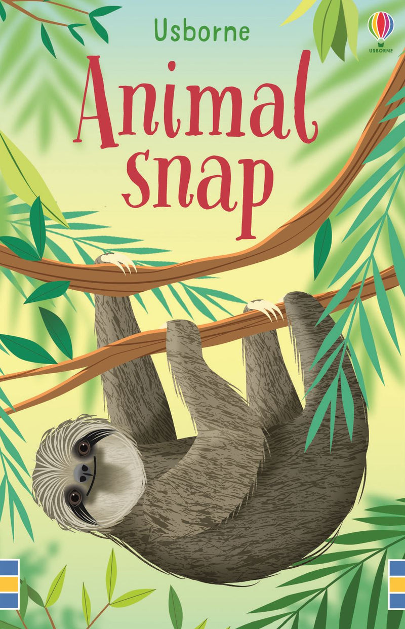 Animal snap card cover with a drawing of a sloth hanging upside down. 