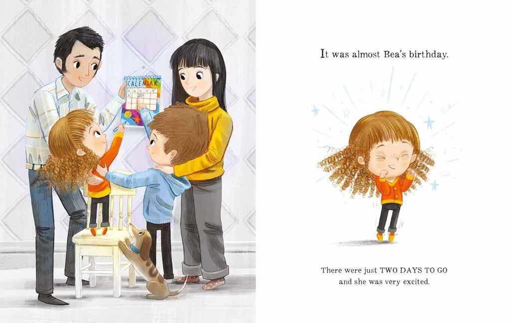 Illustration of a family preparing for a birthday with a child named Bea.