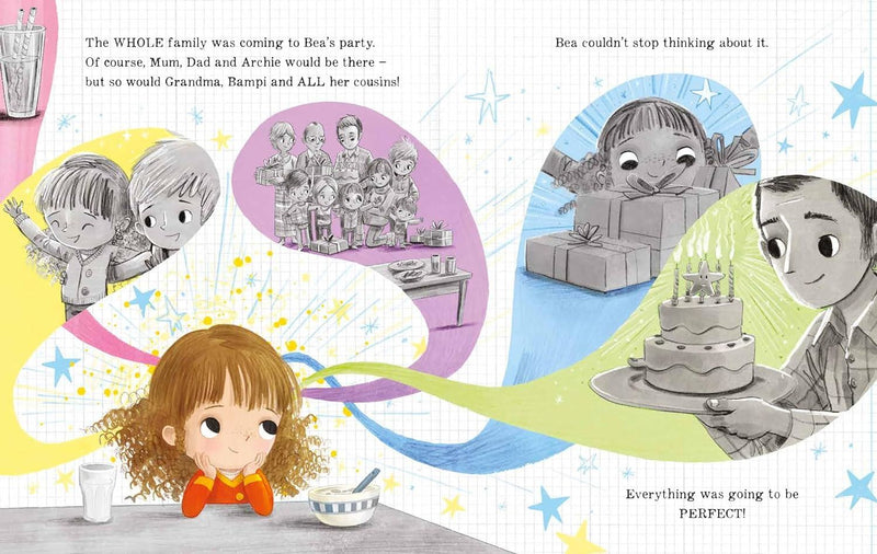 Illustrated book page with characters planning a party, featuring a girl, cake, and family members.