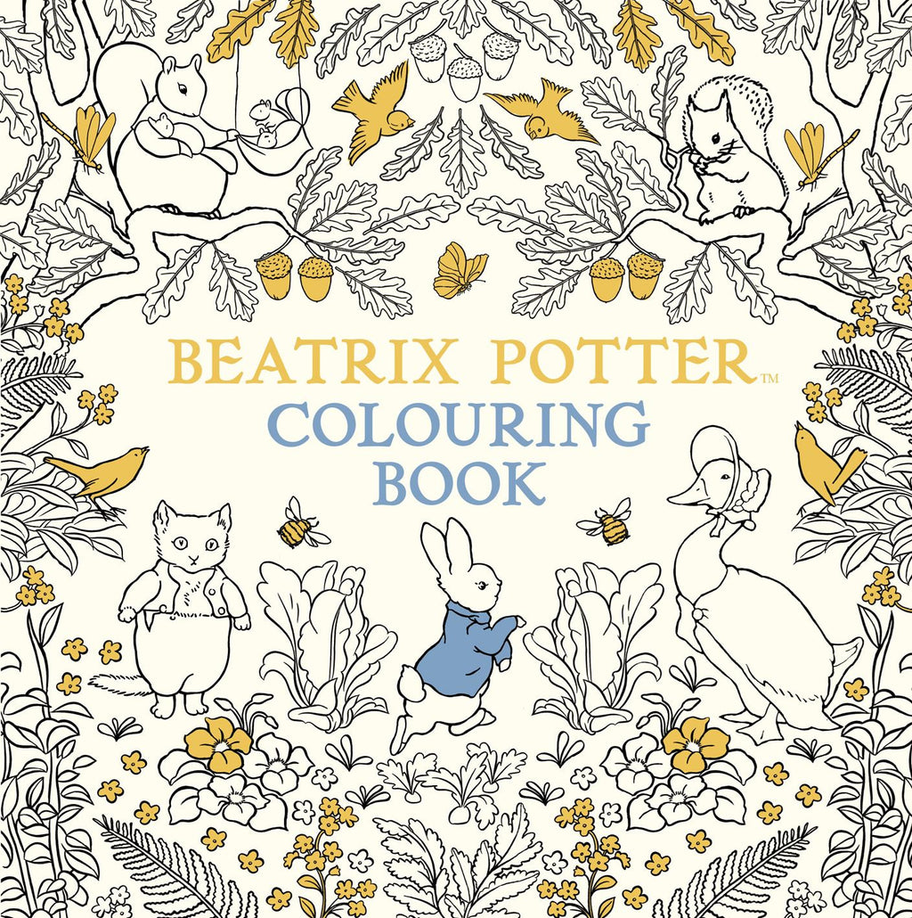 Beatrix Potter coloring book cover with illustrations of animals and nature.