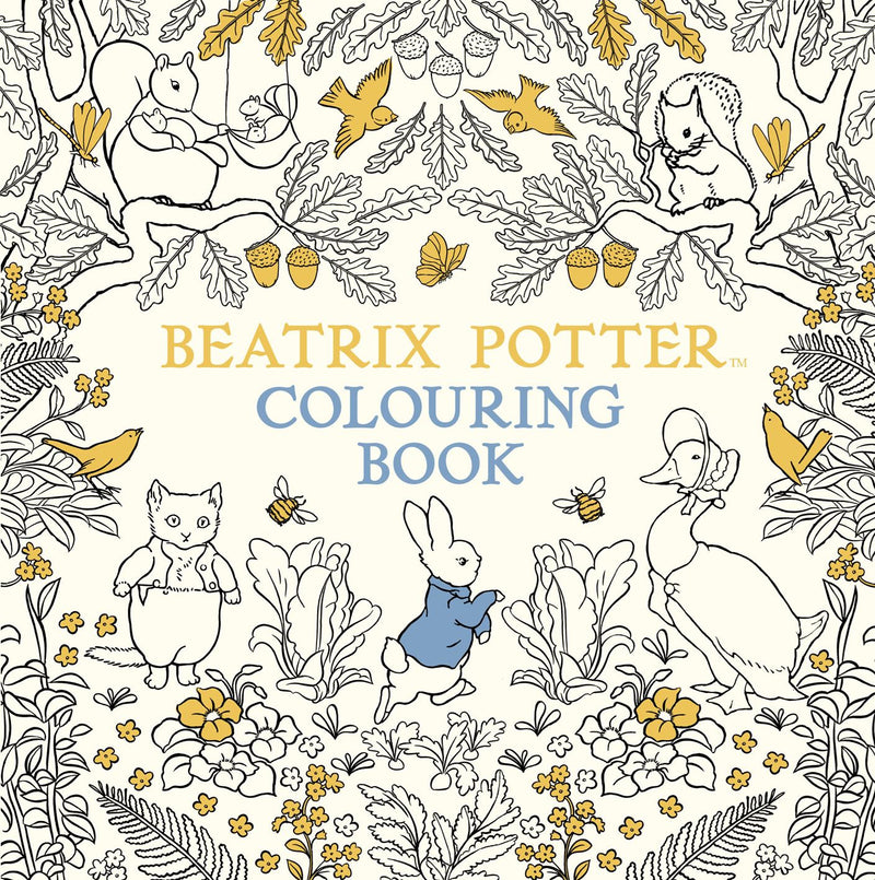 Beatrix Potter coloring book cover with illustrations of animals and nature.