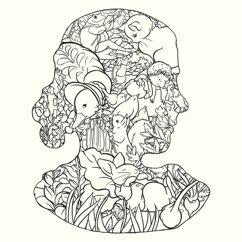 Colouring page example of a head filled with various animals and nature elements