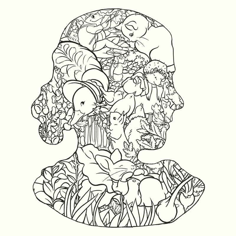 Colouring page example of a head filled with various animals and nature elements