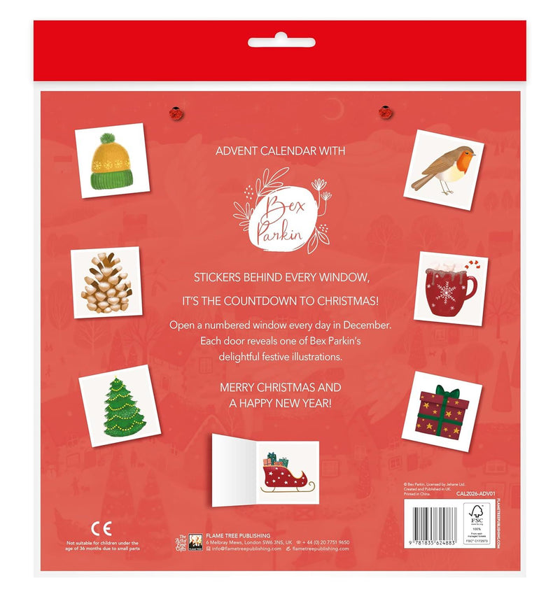 Back of a Christmas advent calendar with festive illustrations and text.