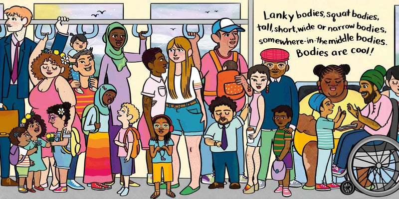 Page of Bodies are Cool depicting cartoon illustration of a diverse group of people on a subway, promoting body positivity.