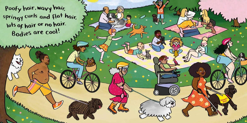Page of bodies are cool with Illustrations of a diverse group of people and dogs enjoying a park setting with text about body positivity.