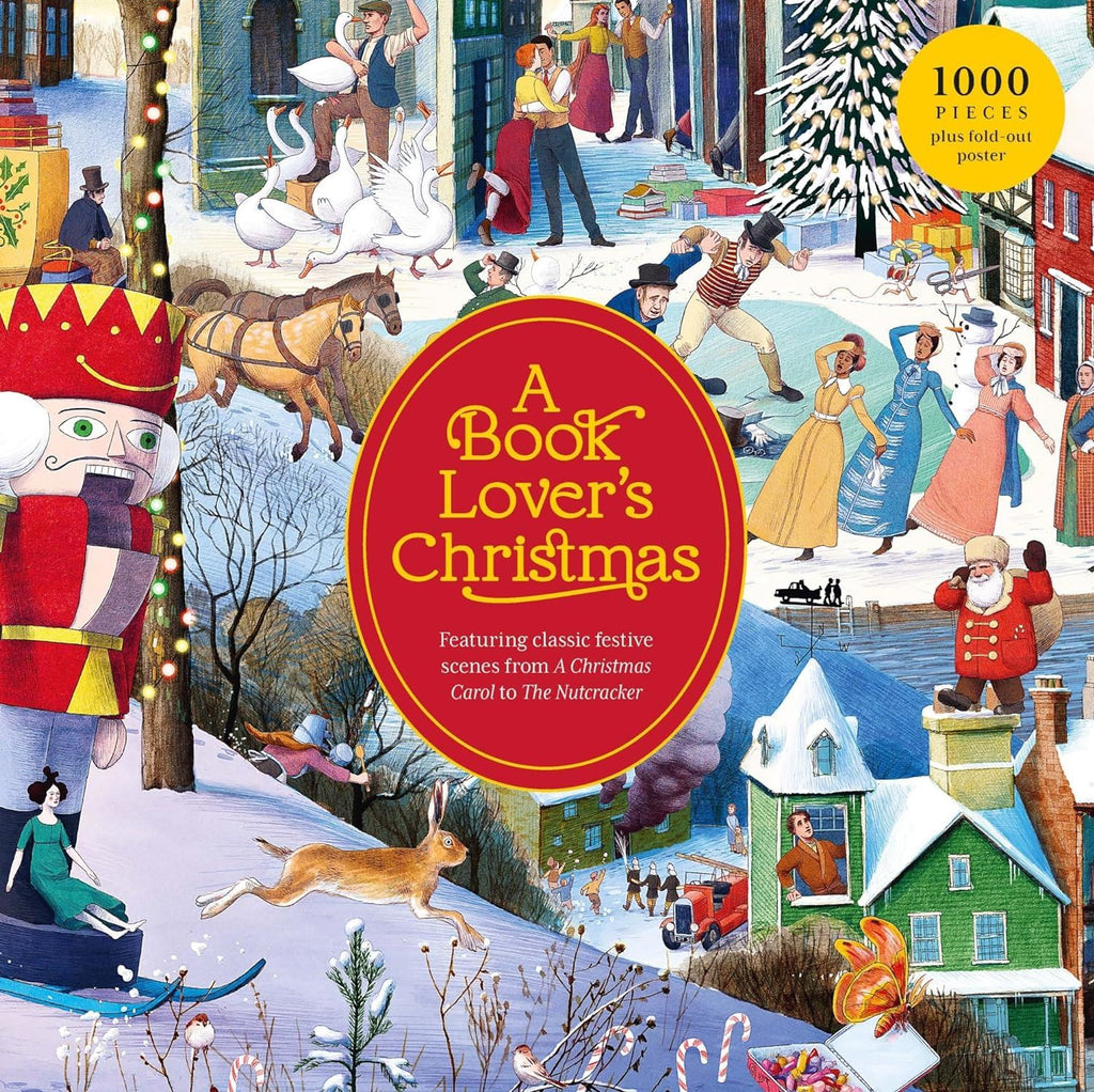 Cover of 'A Book Lover's Christmas' puzzle with festive scenes and characters.