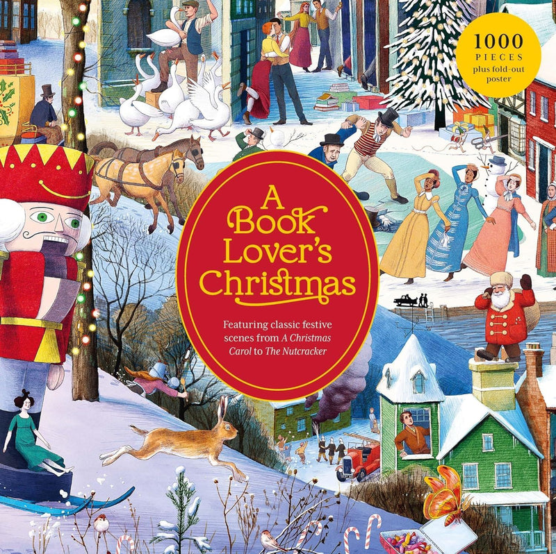 Cover of 'A Book Lover's Christmas' puzzle with festive scenes and characters.