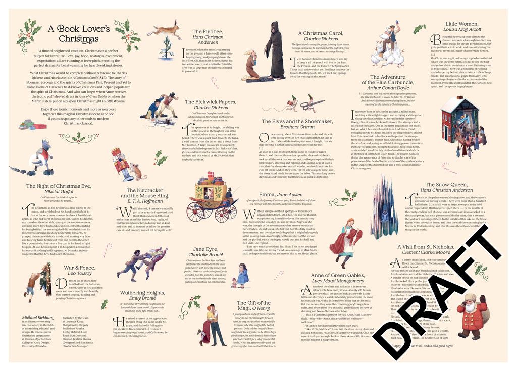 Illustrated poster of Christmas-themed book covers with character illustrations on a beige background.