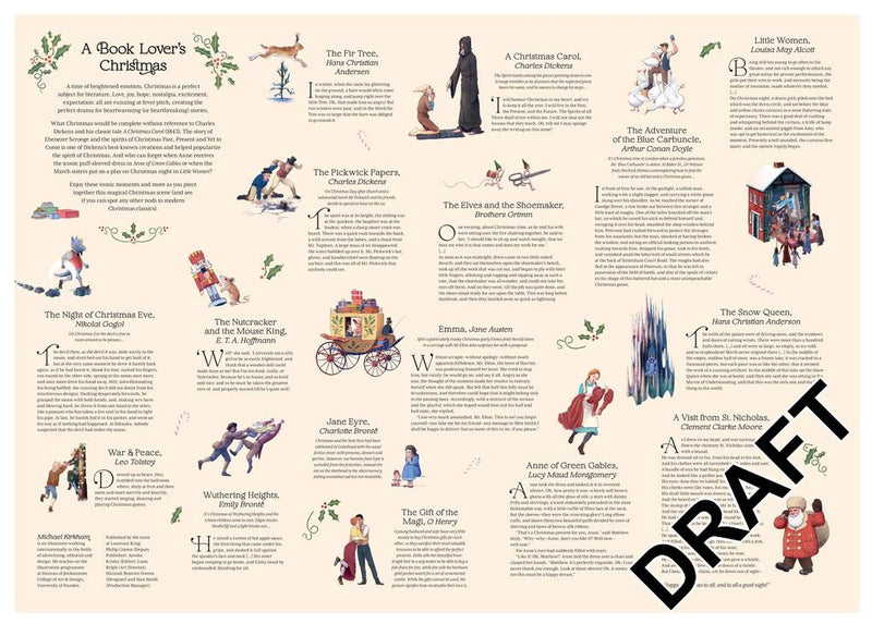 Illustrated poster of Christmas-themed book covers with character illustrations on a beige background.