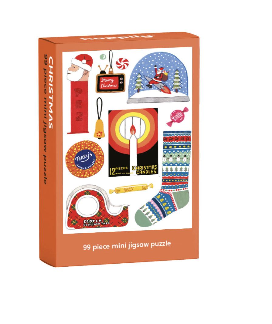 Box of a 99-piece mini jigsaw puzzle with Christmas-themed images on an orange background.
