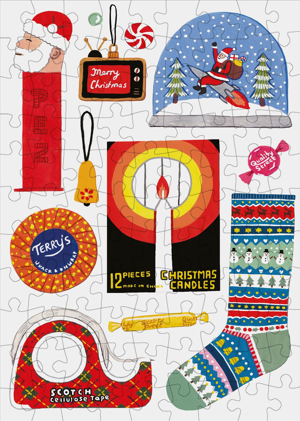 Puzzle example with collection of Christmas-themed items on a white background