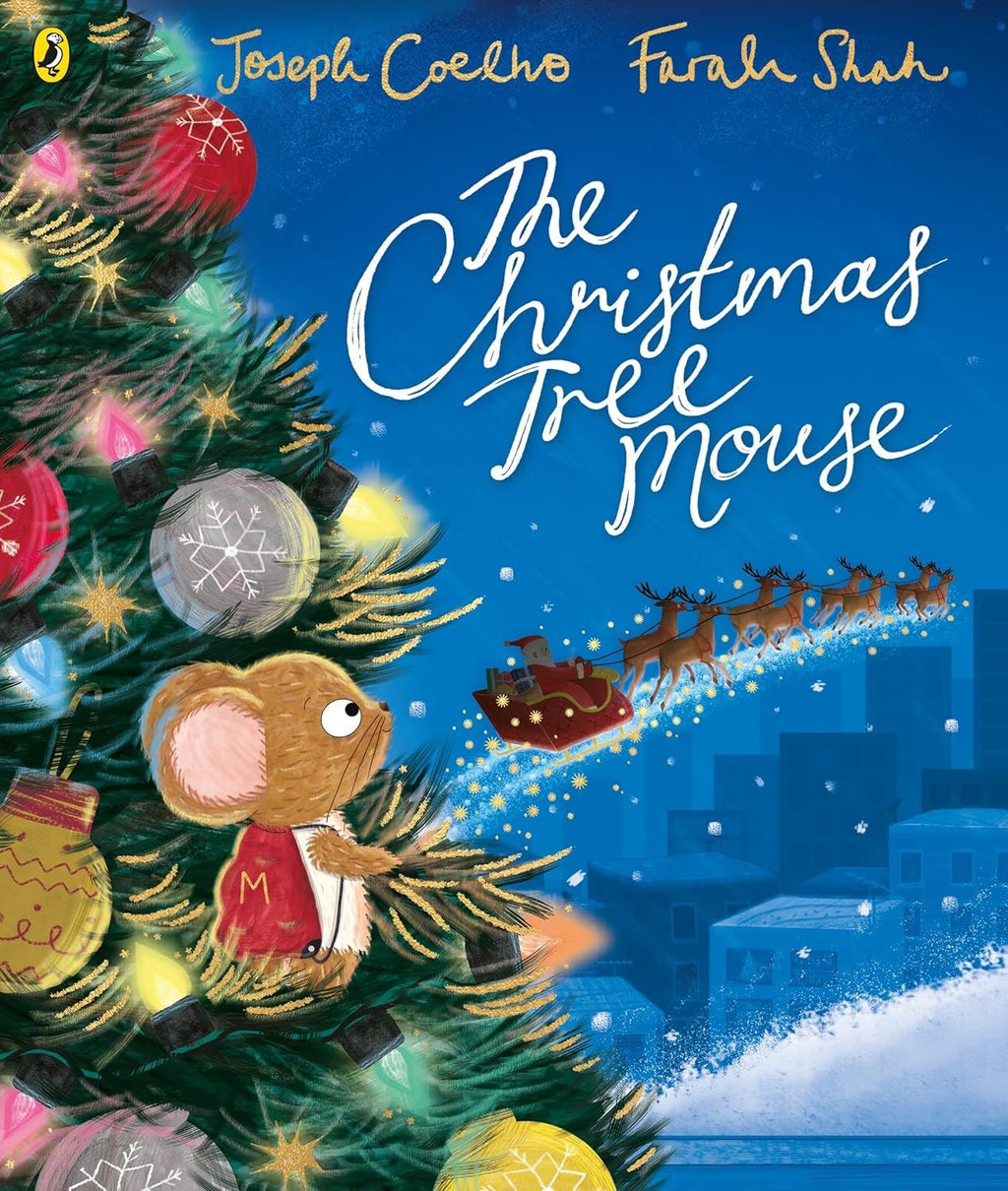Book cover of 'The Christmas Tree Mouse' with a mouse in a Christmas tree and Santa's sleigh in the background.