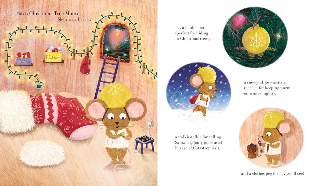 Illustrated book page with a Christmas-themed mouse character and festive decorations.