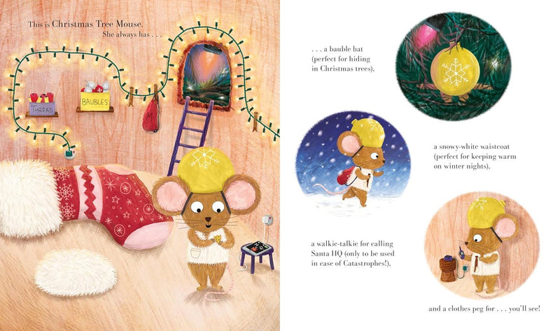 Illustrated book page with a Christmas-themed mouse character and festive decorations.
