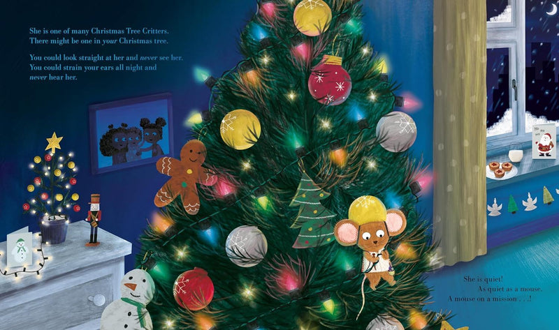 Book page with a decorated Christmas tree with ornaments in a festive room setting