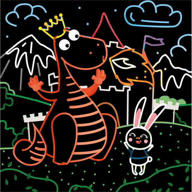 Illustration of a dragon and a rabbit in a fantasy landscape with mountains and a castle.