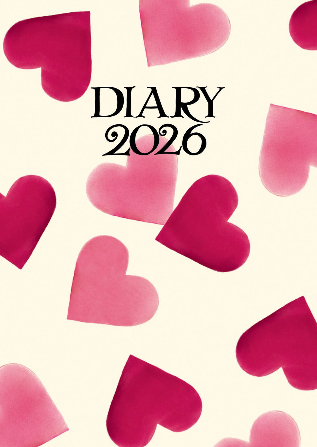 Diary 2026 cover with pink hearts on a light background