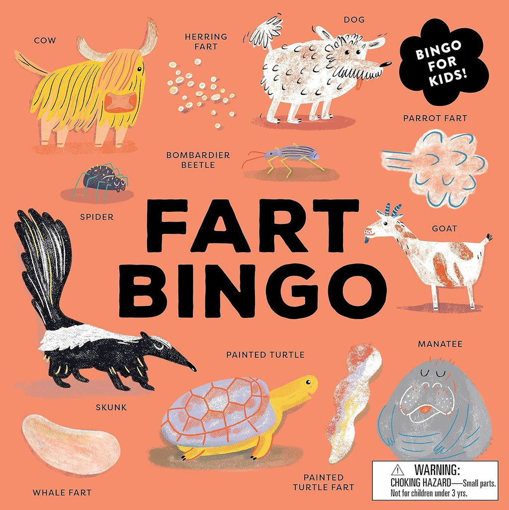 Fart Bingo game board with illustrations of animals and their associated farts on a peach background.