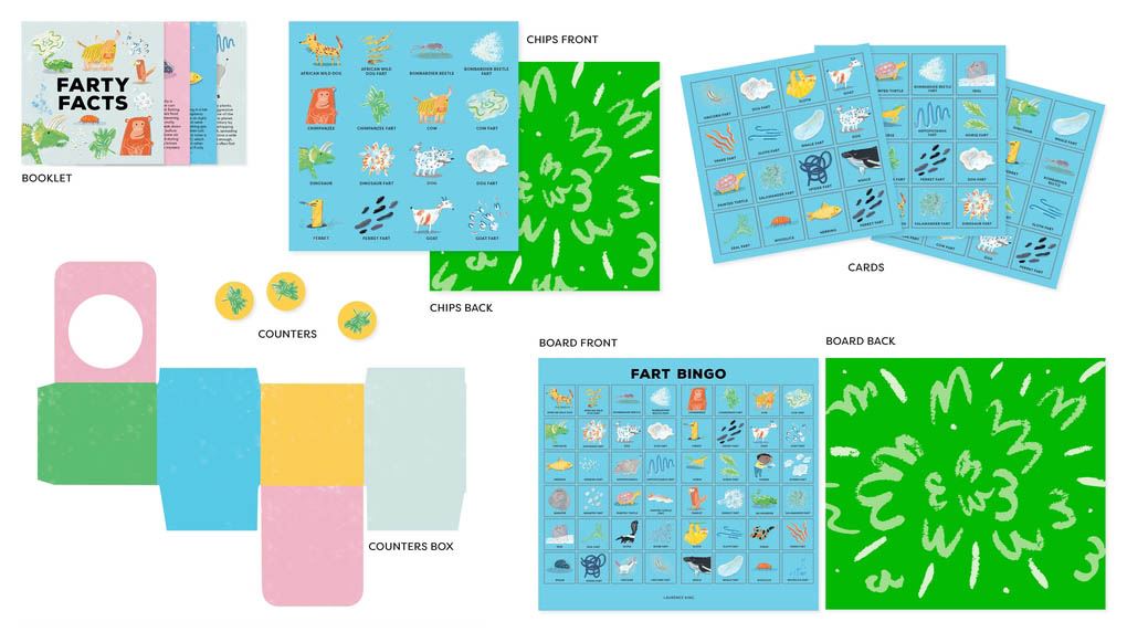 Collection of game materials on a white background