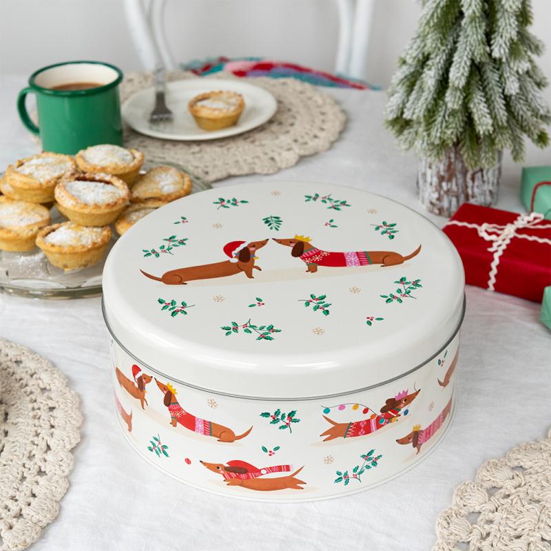 Festive Sausage Dog cake storage tin - NSPCC Shop