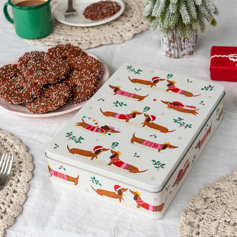 Festive Sausage Dog mince pie storage tin - NSPCC Shop