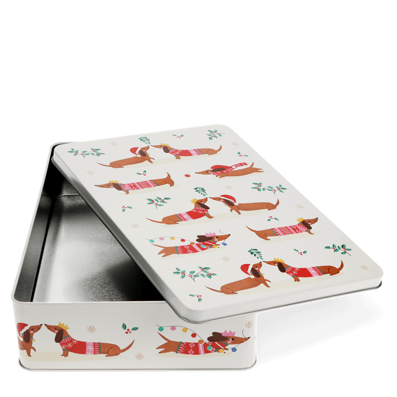 Festive Sausage Dog mince pie storage tin - NSPCC Shop