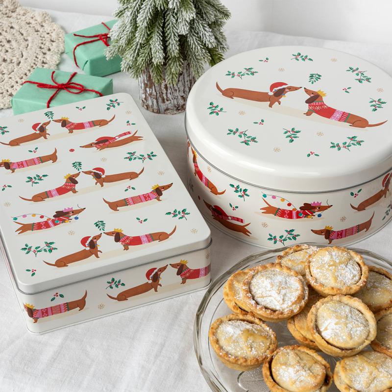 Festive Sausage Dog mince pie storage tin - NSPCC Shop
