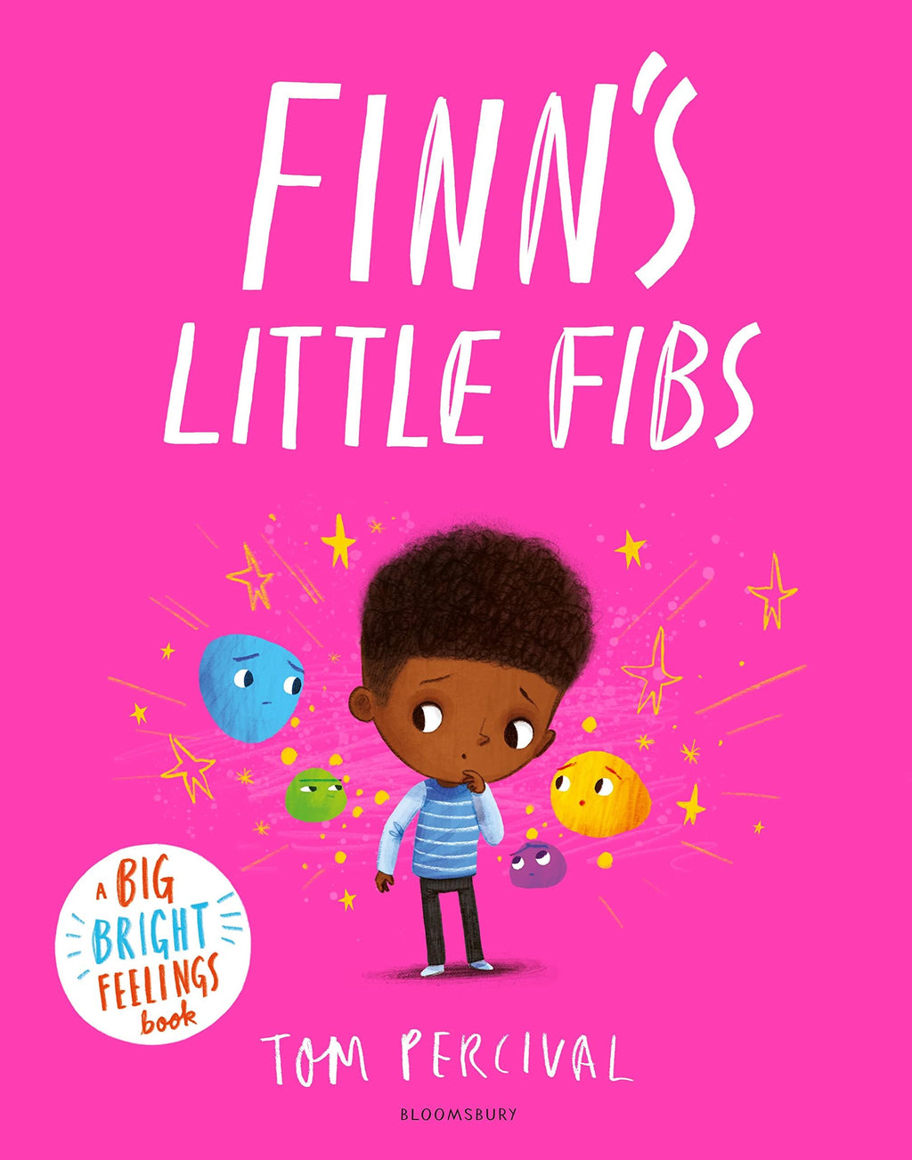Book cover of 'Finn's Little Fibs' with a pink background and illustrations of a child and colorful fibs.