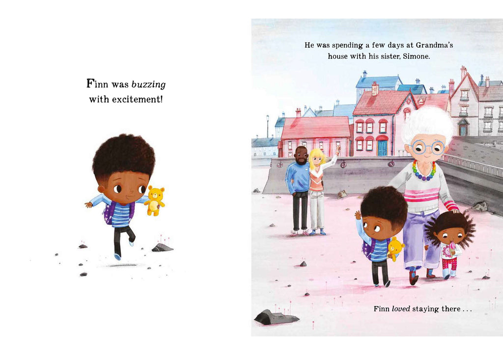 Illustration of children and an elderly woman in a snowy scene with text about a child named Finn.