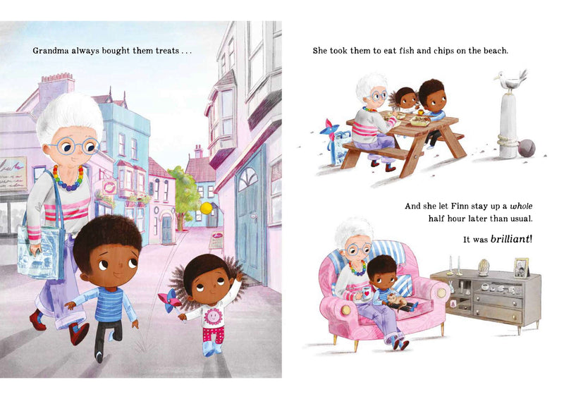 Illustrated book pages showing children and an elderly woman in a neighborhood setting.