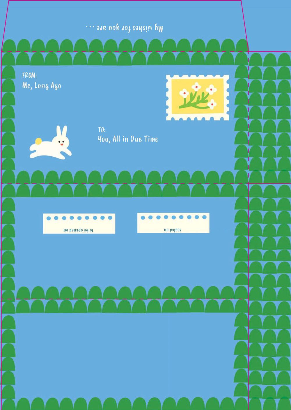 Cartoon envelope with a rabbit and postage stamp design on a blue background