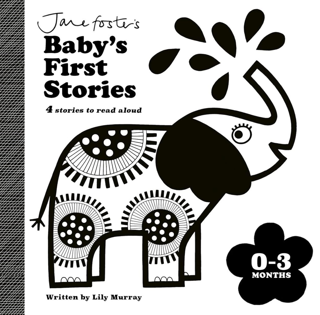 Book cover of 'Baby's First Stories' with an elephant illustration and text about stories for young children.