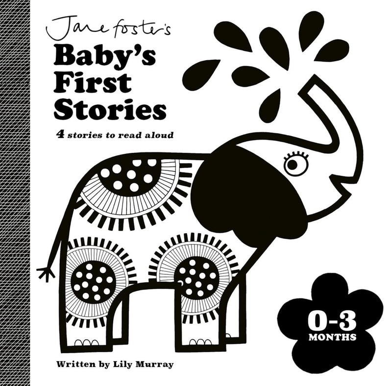 Book cover of 'Baby's First Stories' with an elephant illustration and text about stories for young children.